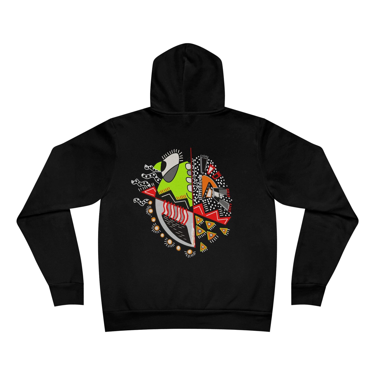Flat lay of the black "Warrior of Light" hoodie featuring a vibrant abstract back print in red, green, orange, and white.