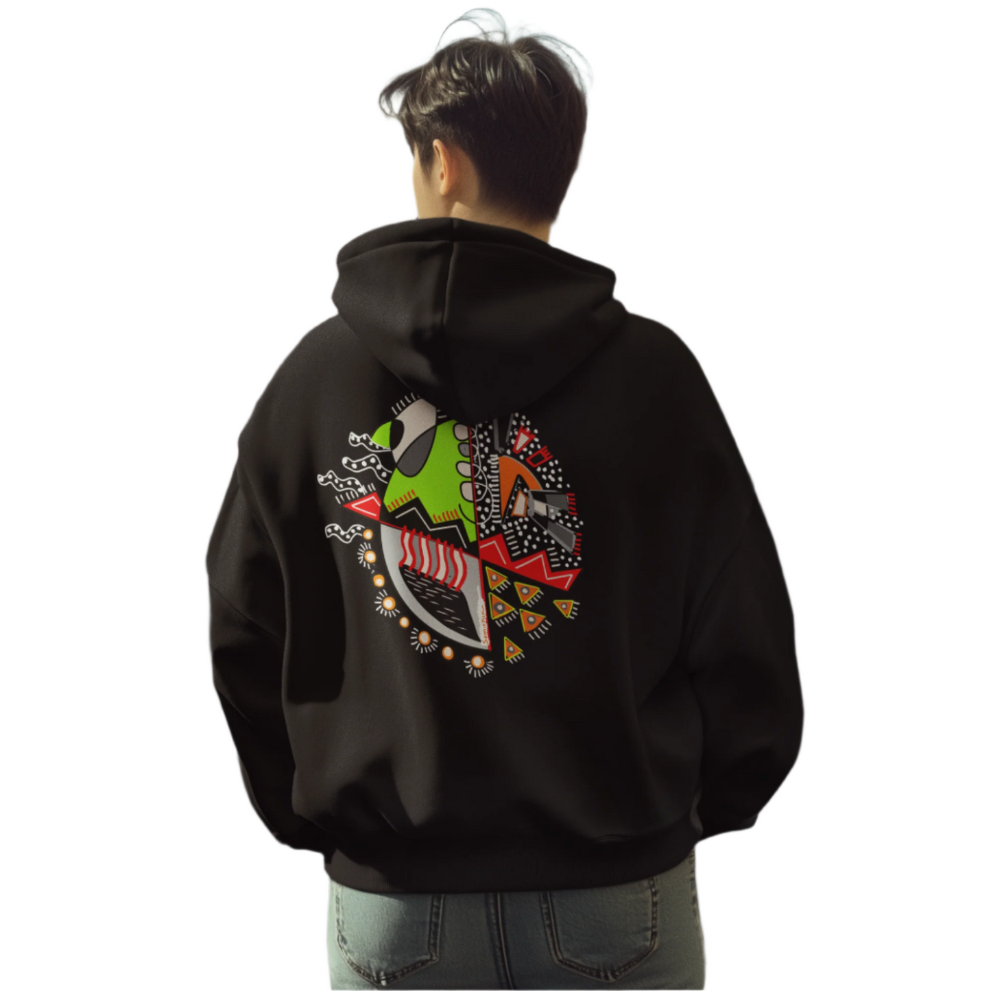 Man wearing the "Warrior of Light" hoodie with a full view of the symbolic abstract back print design.