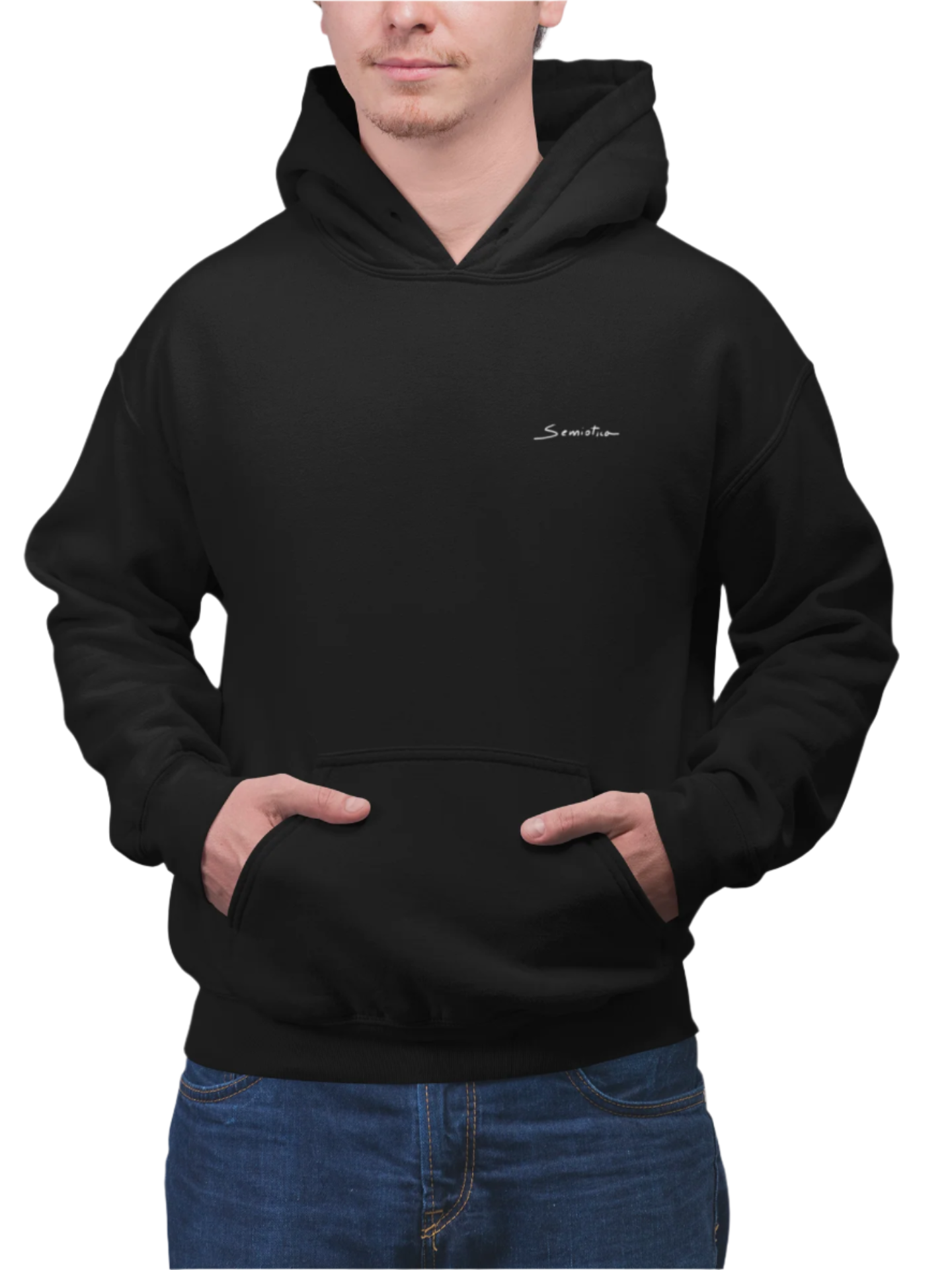 Man wearing the black "Warrior of Light" hoodie, showcasing the minimal front design with the Semiotica signature logo.