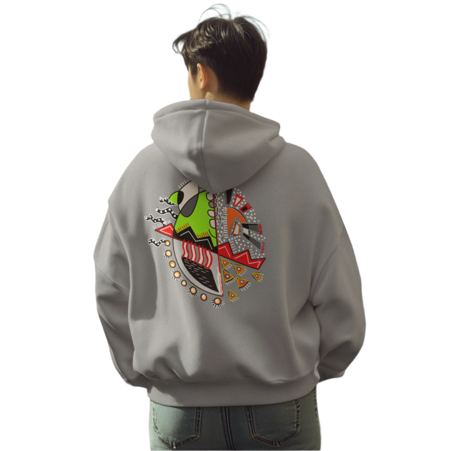 Man wearing the gray "Warrior of Light" hoodie, highlighting the colorful abstract graphic printed on the back.