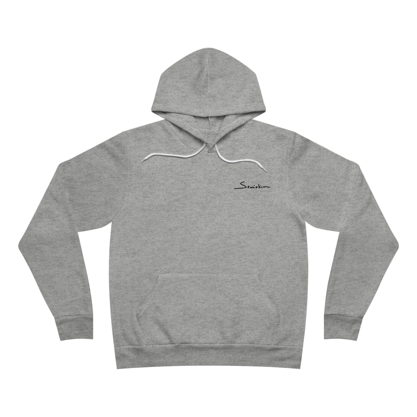 Flat lay of the front side of the gray "Warrior of Light" hoodie with drawstrings and small Semiotica logo on the chest.