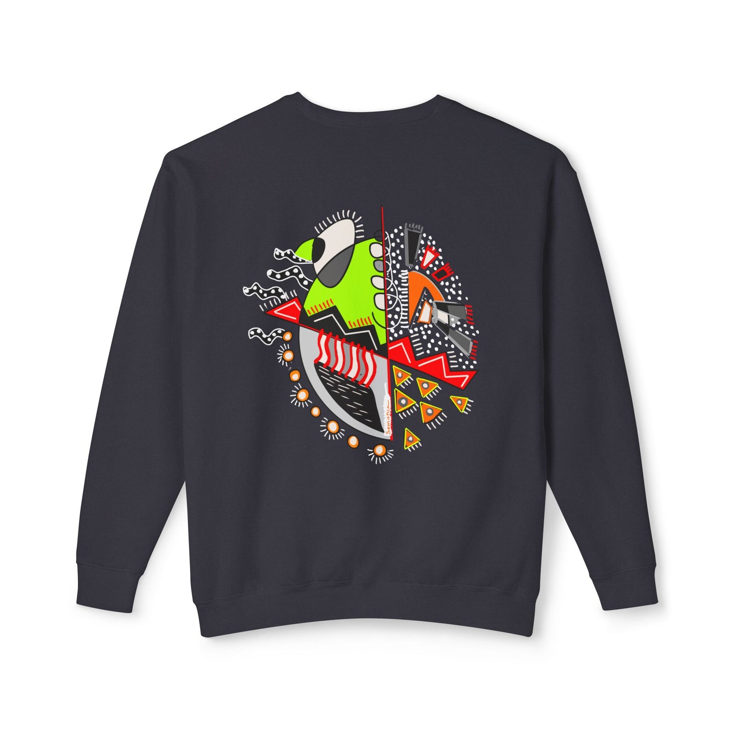 Flat lay of the black "Warrior of Light" sweatshirt showing the colorful abstract back print in green, red, orange, and white.