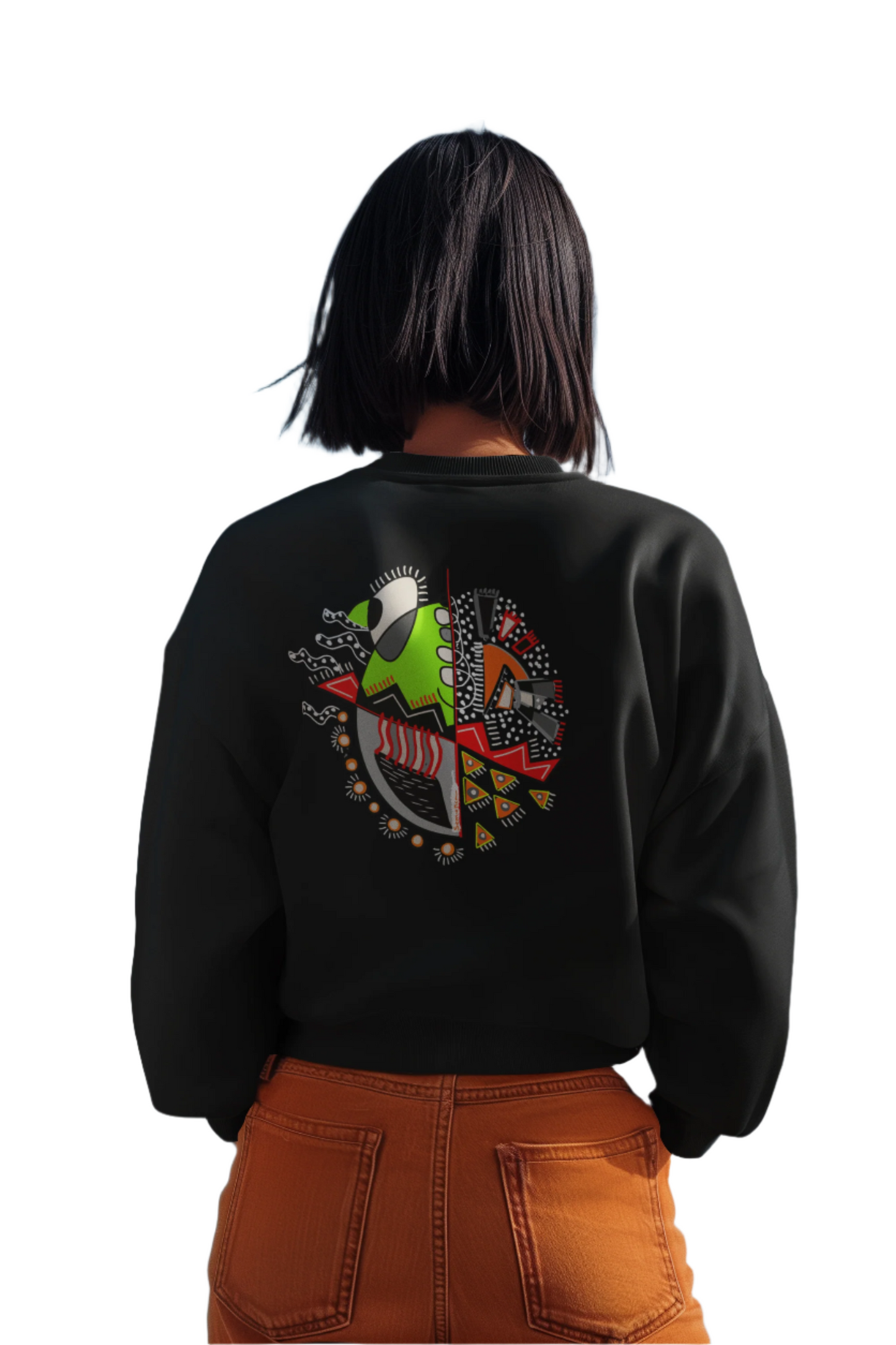Female model showing the back of the "Warrior of Light" sweatshirt with its expressive and vibrant symbolic artwork.