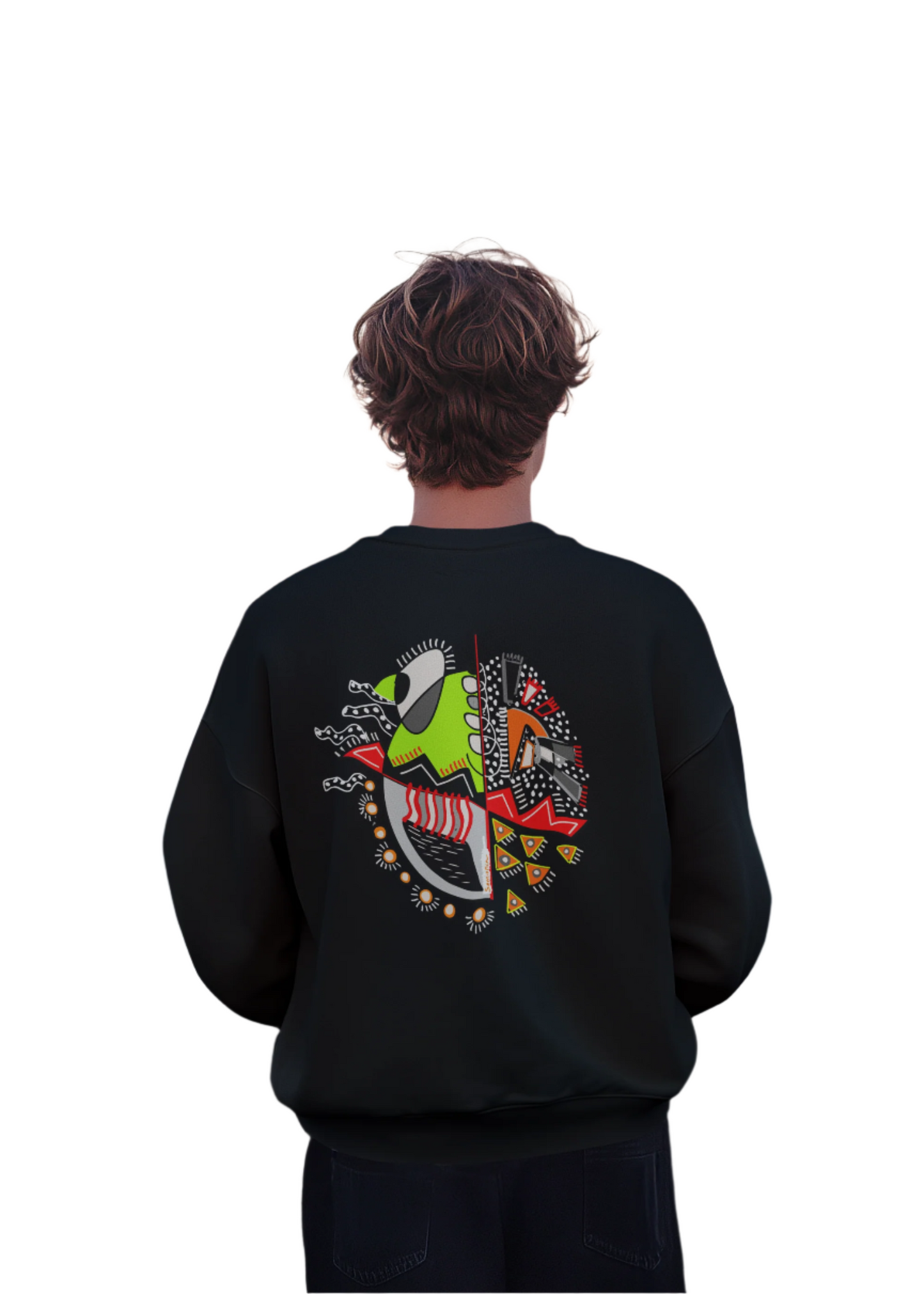 Male model wearing the "Warrior of Light" sweatshirt with focus on the symbolic and colorful back graphic design.