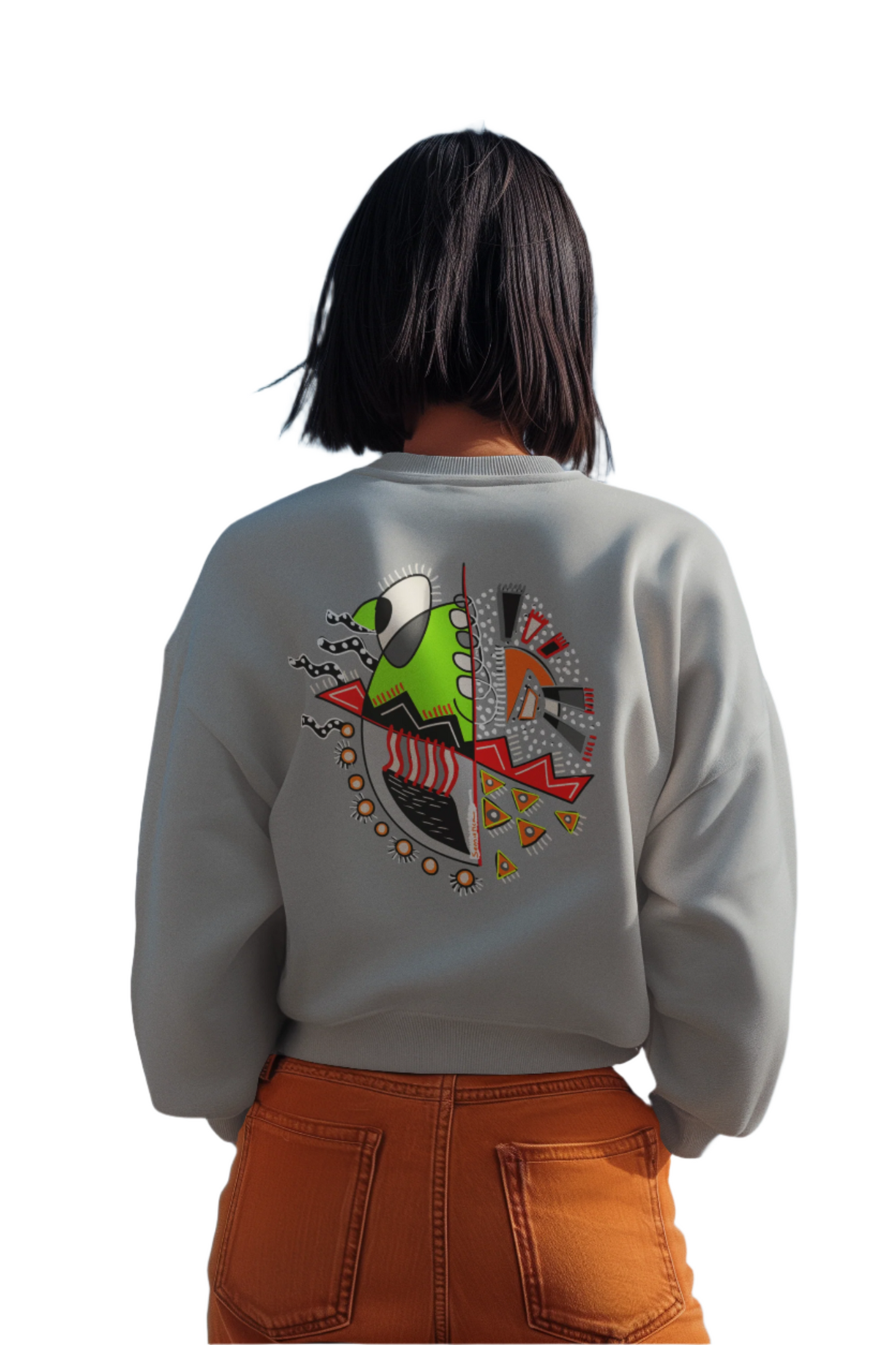 Woman wearing the gray "Warrior of Light" sweatshirt, showing the bold and colorful symbolic print on the back.