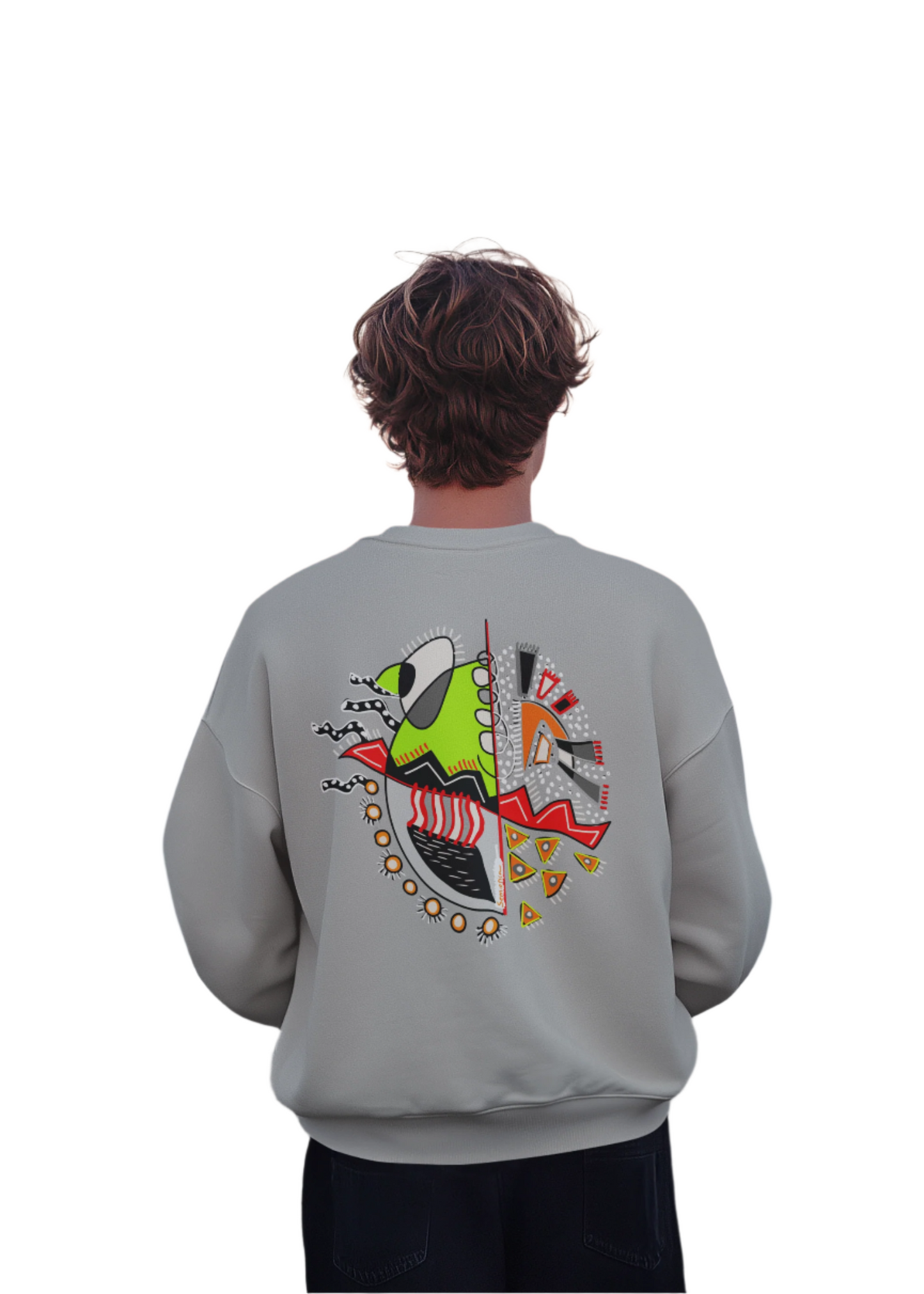 Man wearing the gray "Warrior of Light" sweatshirt, featuring a clear view of the detailed back graphic artwork.