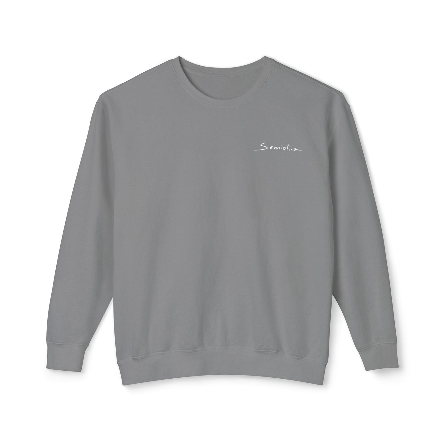 Flat lay of the front view of the gray "Warrior of Light" crewneck sweatshirt with the minimalist Semiotica chest logo.
