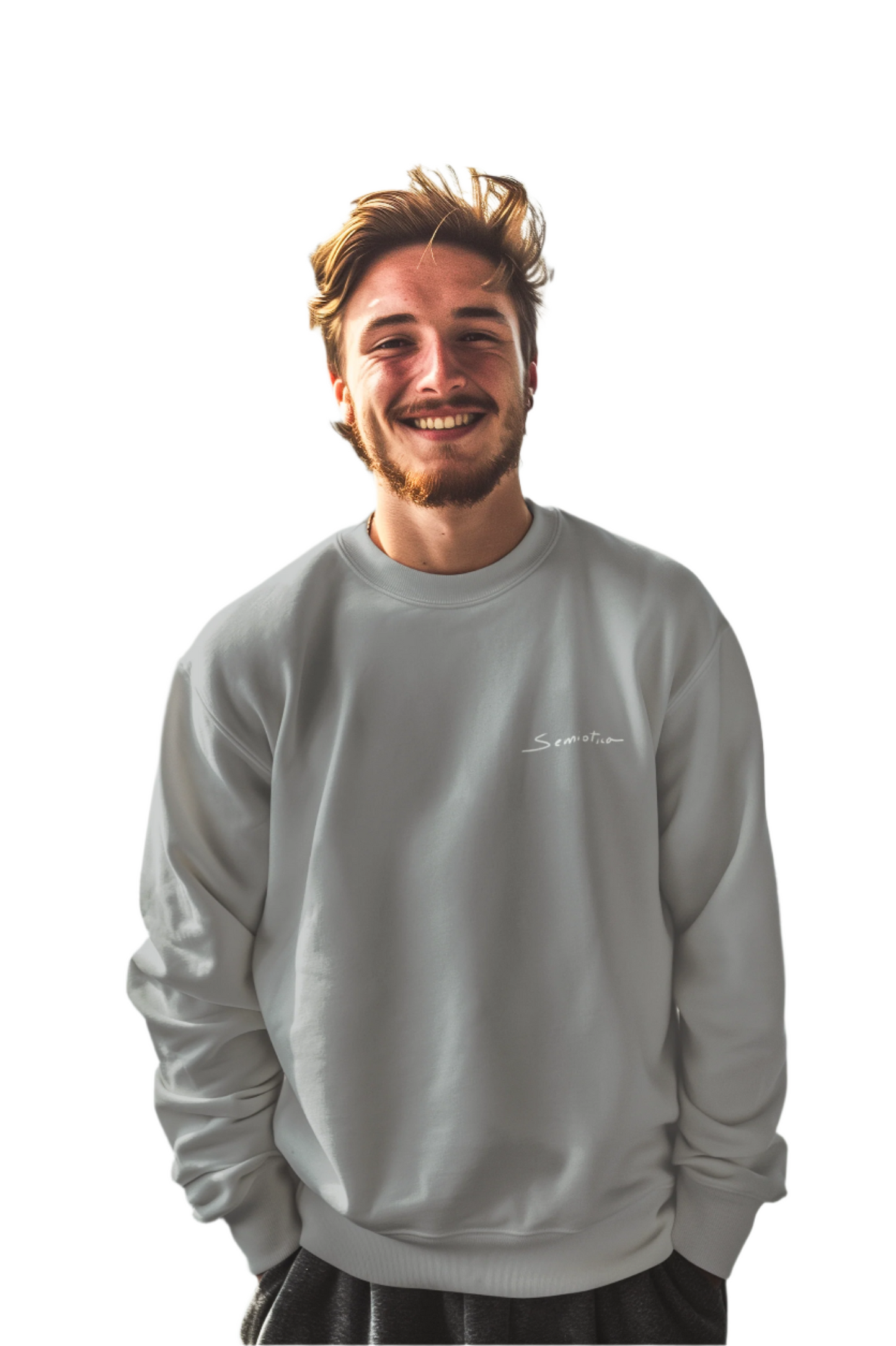 Smiling man wearing the gray "Warrior of Light" sweatshirt in a casual setting, highlighting the clean front logo and relaxed fit.