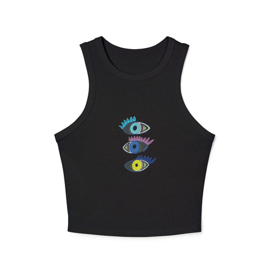 Trendy Women's Micro Rib Racer Tank Top with Colorful Eye Design, Casual Wear, Summer Essential, Gift for Her, Festival Outfit, Yoga Top