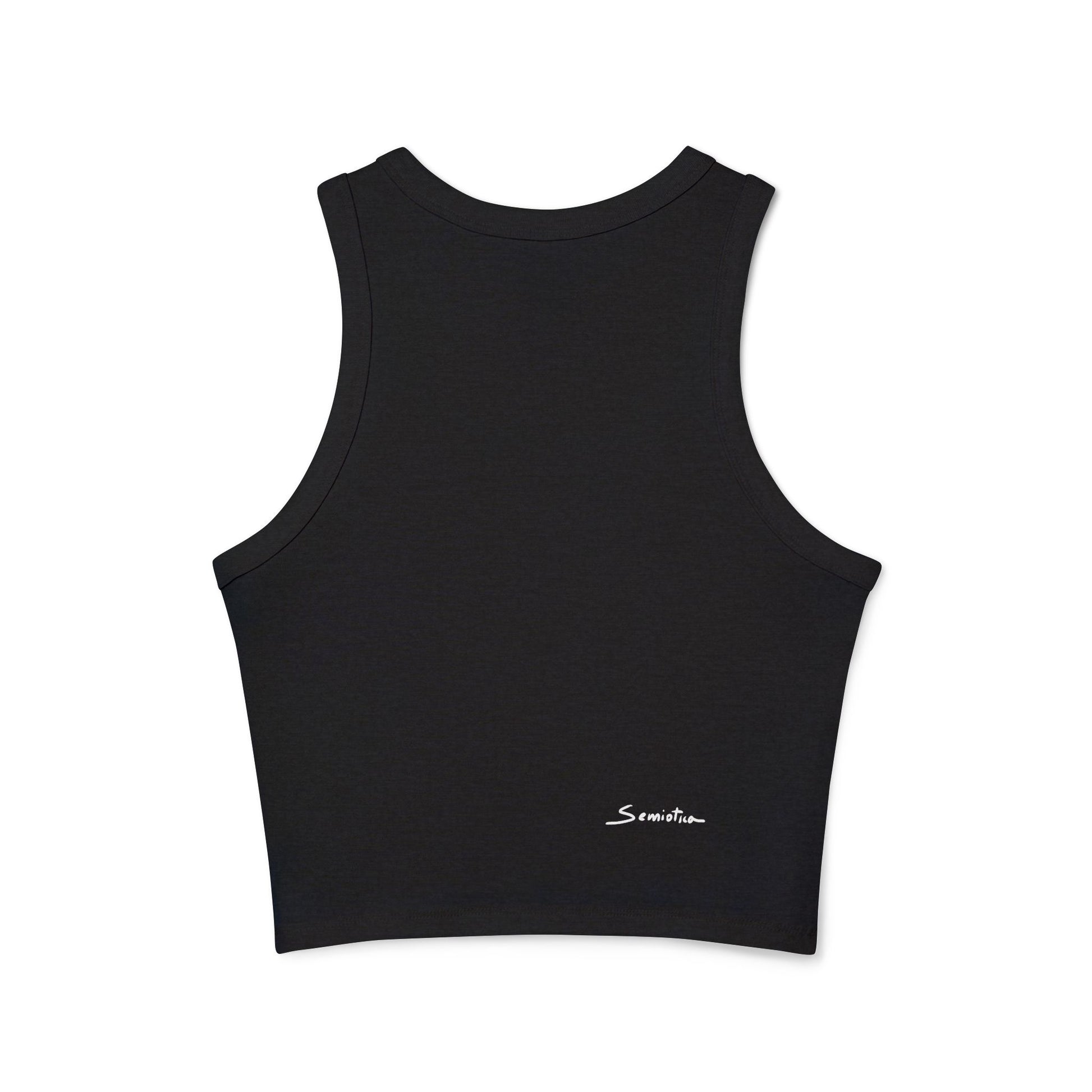 Back flatlay of The Dance of Thought black racer tank top with Semiotica logo near hem