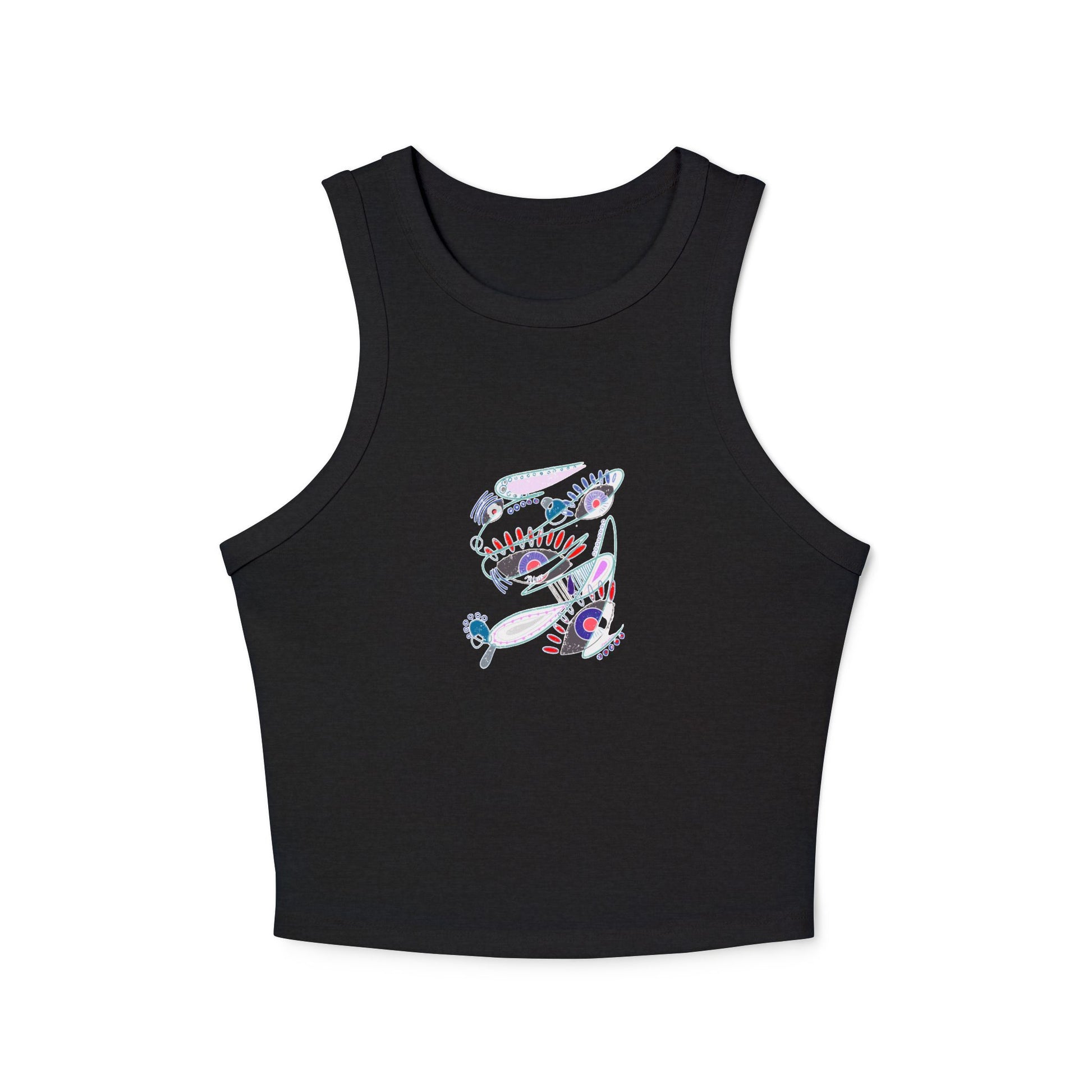 Front flatlay of The Dance of Thought black racer tank top showing symbolic chest print