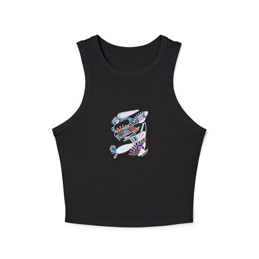 Front flatlay of The Dance of Thought black racer tank top showing symbolic chest print