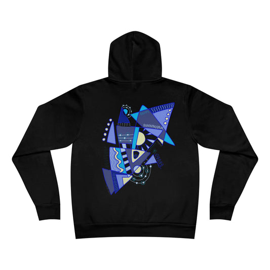 Flat lay of the black “Electric Balance” hoodie showing the abstract back design in vibrant electric blue, violet, and geometric elements.