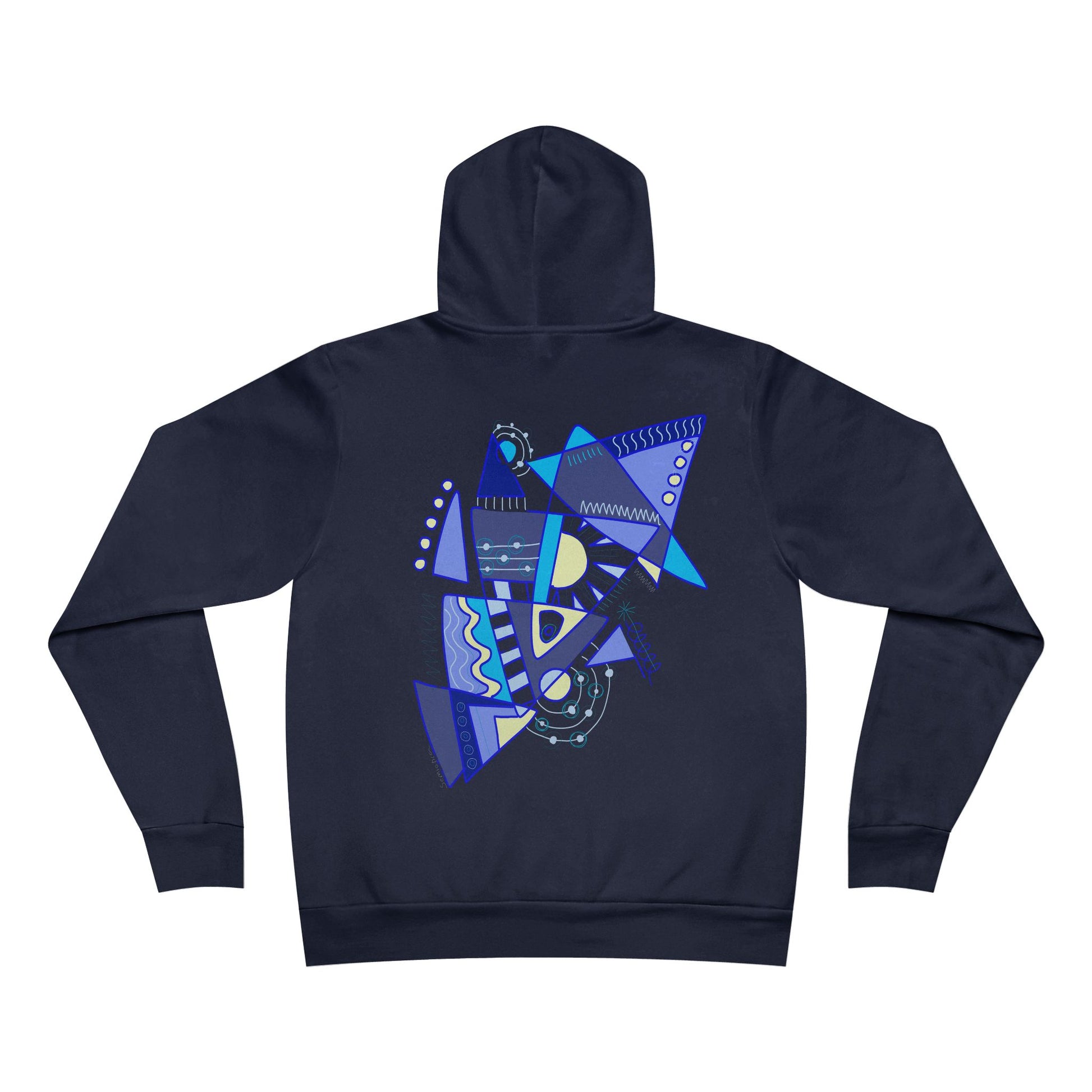 Flat lay of the navy “Electric Balance” hoodie featuring a bold geometric back design in electric blue and violet tones.