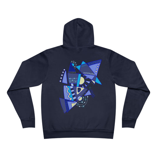 Flat lay of the navy “Electric Balance” hoodie featuring a bold geometric back design in electric blue and violet tones.