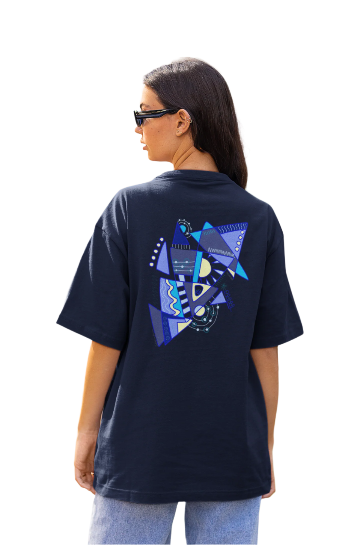 Female model showing the back of navy oversized t-shirt with symbolic geometric print.