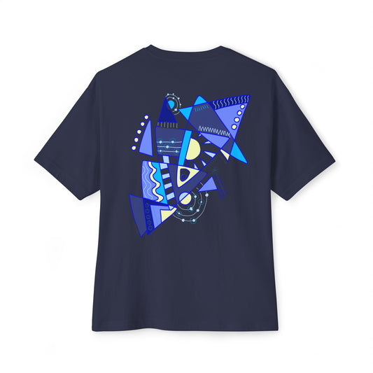 Back view of navy oversized t-shirt featuring bold abstract blue geometric artwork, designed by Semiotica.
