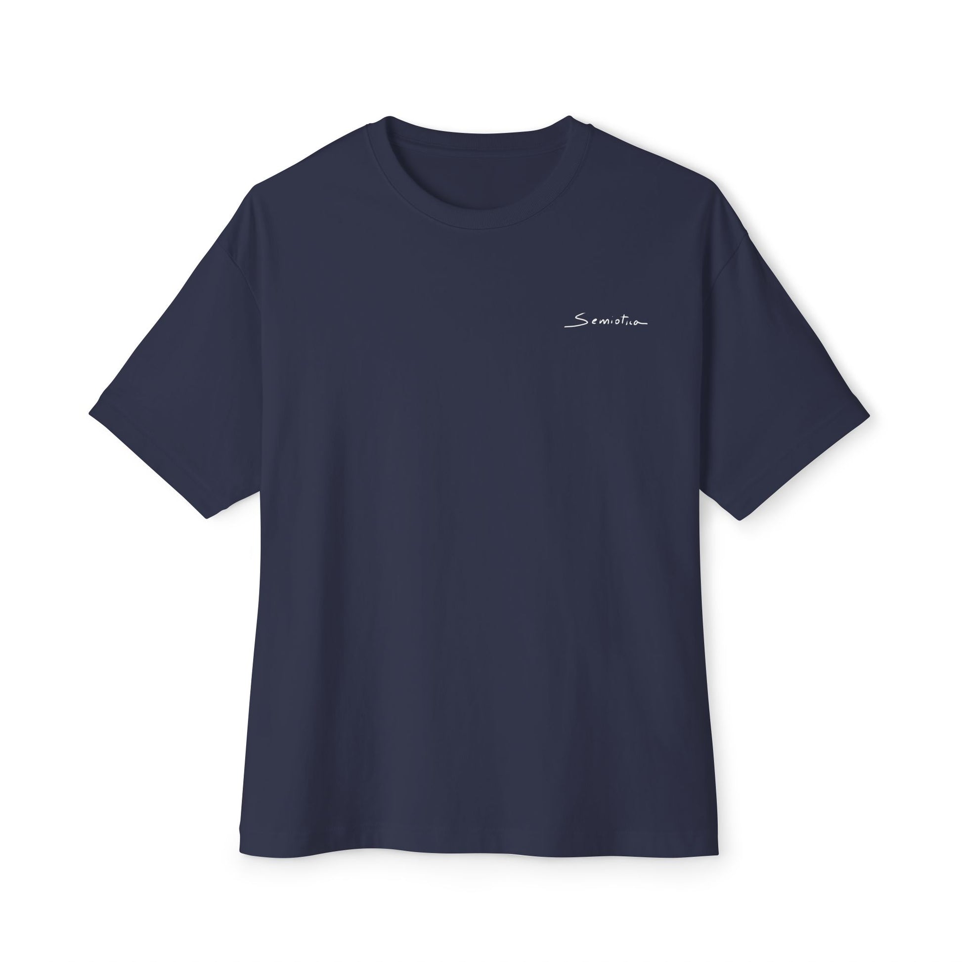 Front view of navy oversized t-shirt with minimal Semiotica logo on chest.