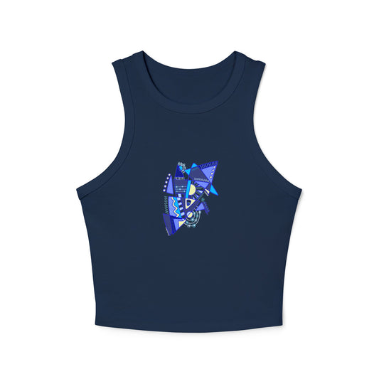 Flat lay of the navy ribbed women’s tank top featuring the abstract symbolic “Electric Balance” graphic in blue on the front.