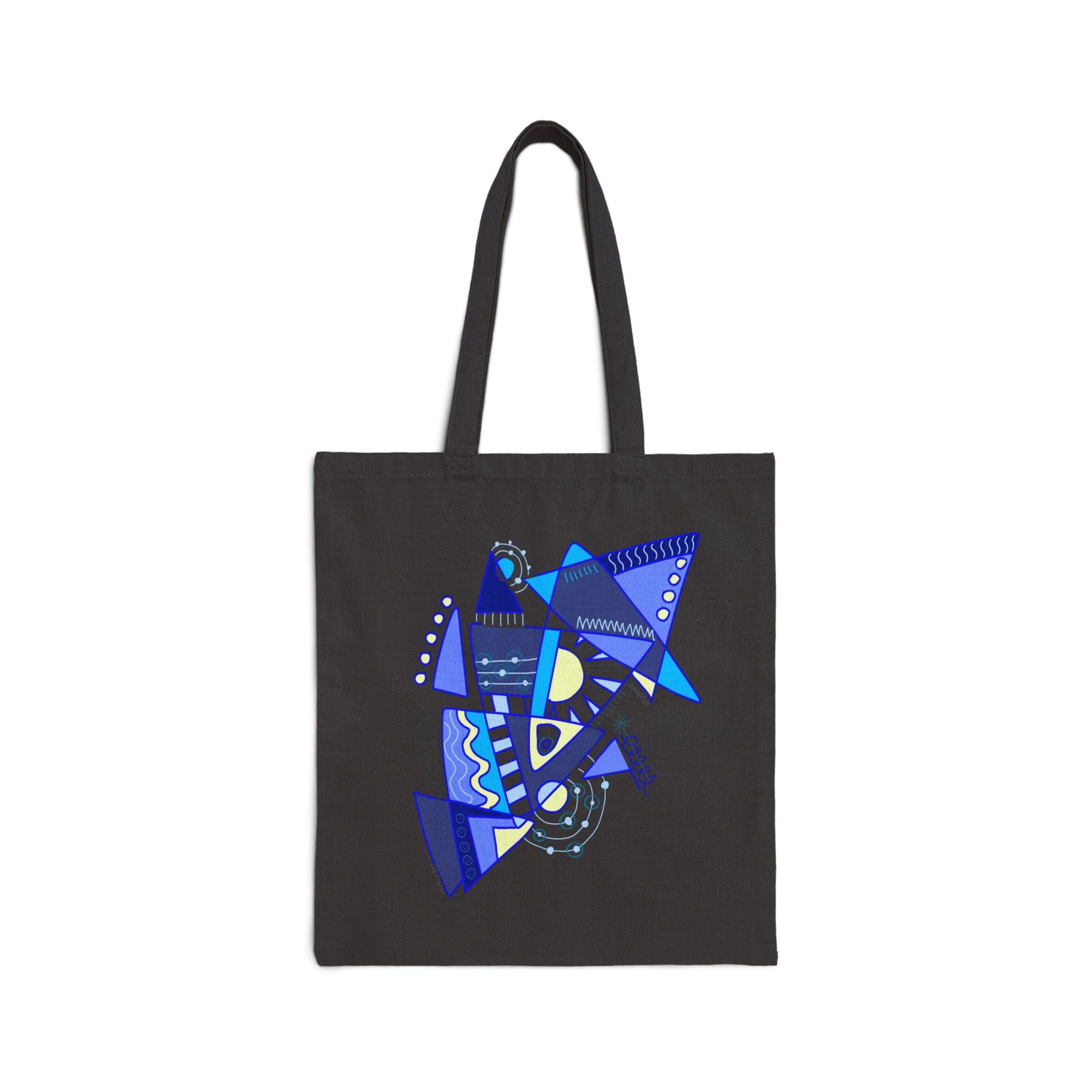 Front view of the black “Electric Balance” cotton canvas tote bag featuring a vibrant abstract blue geometric design.