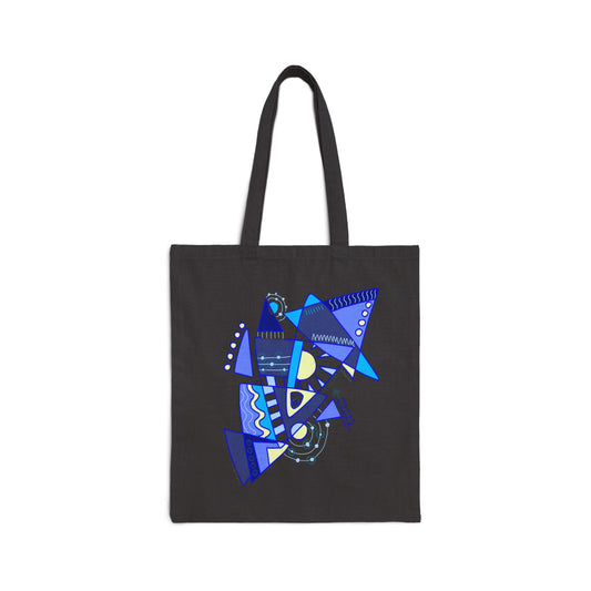 Front view of the black “Electric Balance” cotton canvas tote bag featuring a vibrant abstract blue geometric design.