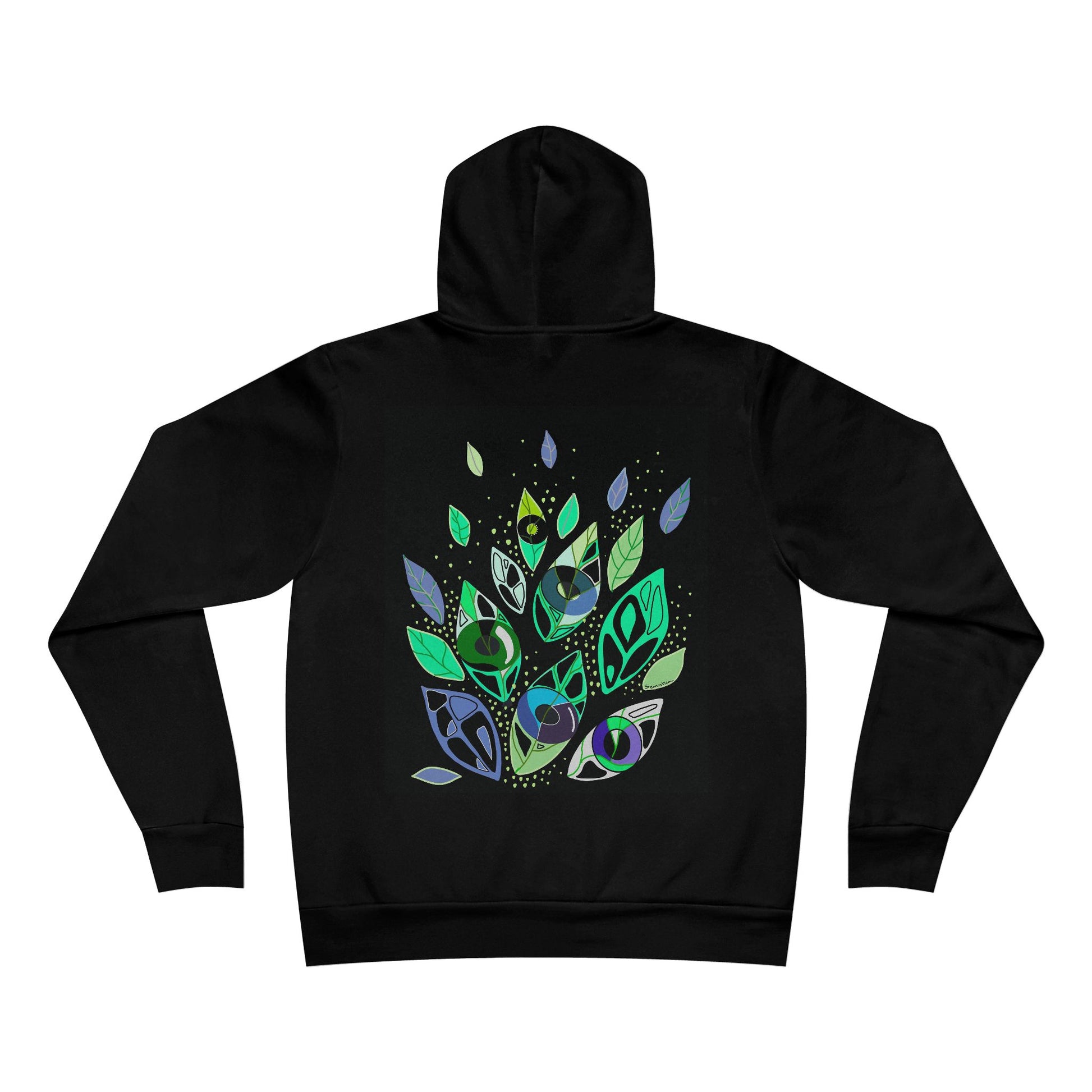 Back view of Emotional Botanica black hoodie with symbolic leaf-inspired artwork by Semiotica.