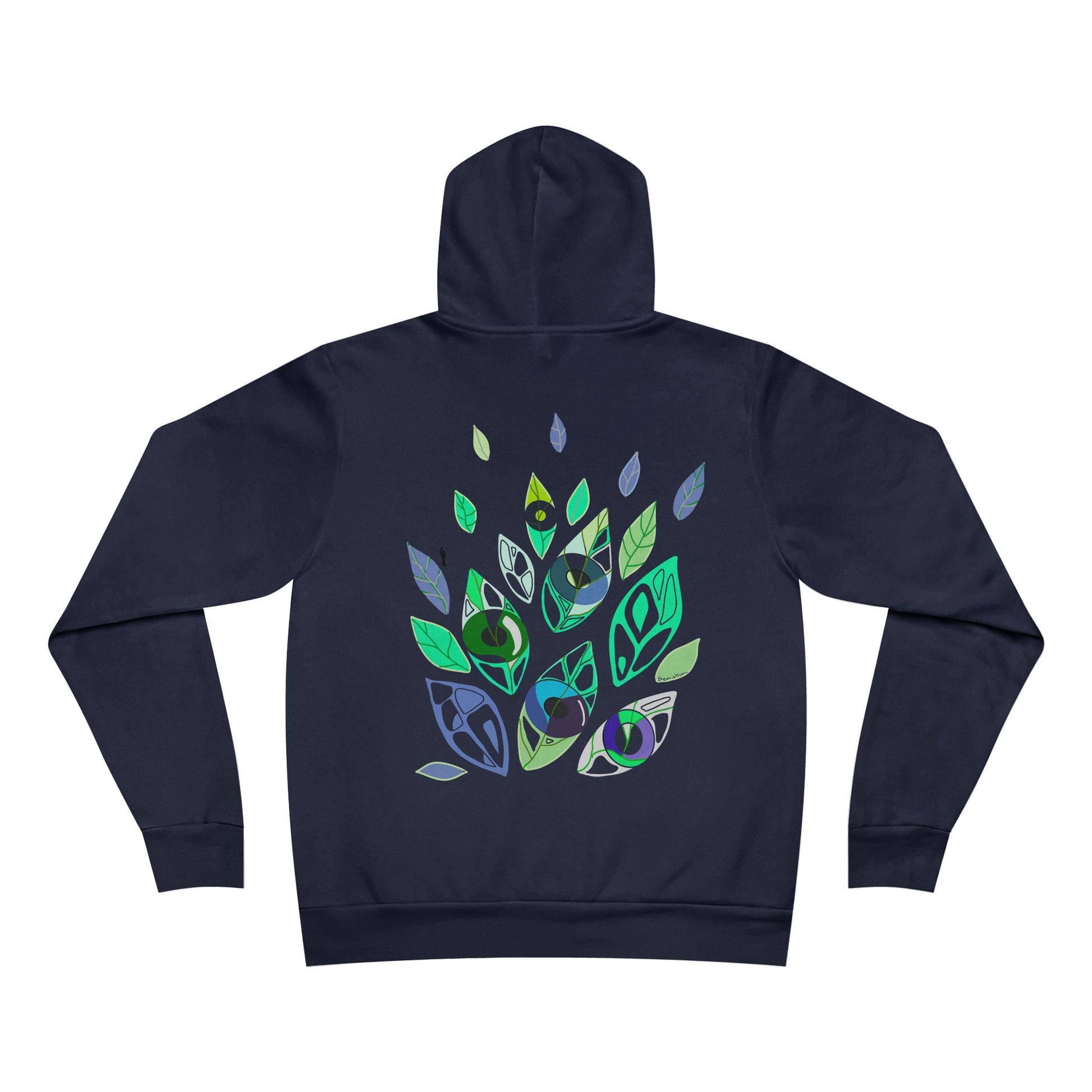 Back view of Emotional Botanica navy hoodie with abstract symbolic leaf design by Semiotica.