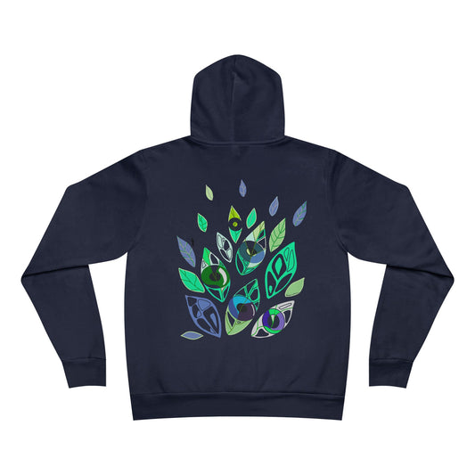 Back view of Emotional Botanica navy hoodie with abstract symbolic leaf design by Semiotica.