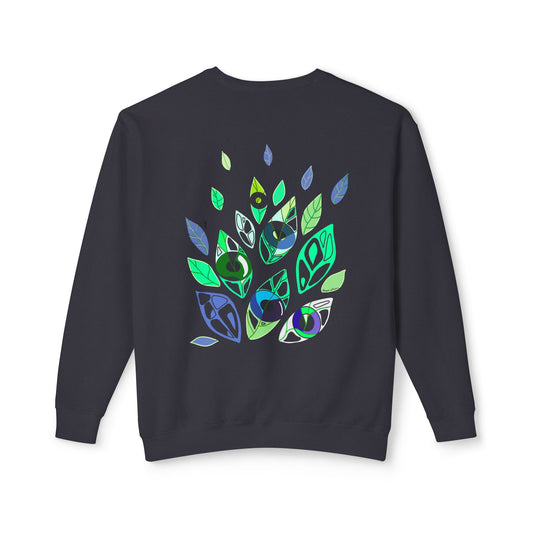 Back view of Emotional Botanica black sweatshirt with symbolic leaf-inspired abstract design by Semiotica.