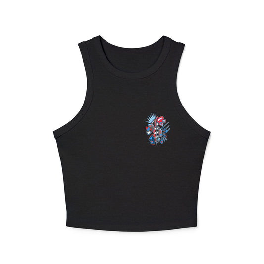 Front view of the women's black racer tank top with Heartbeat Spiral print by Semiotica