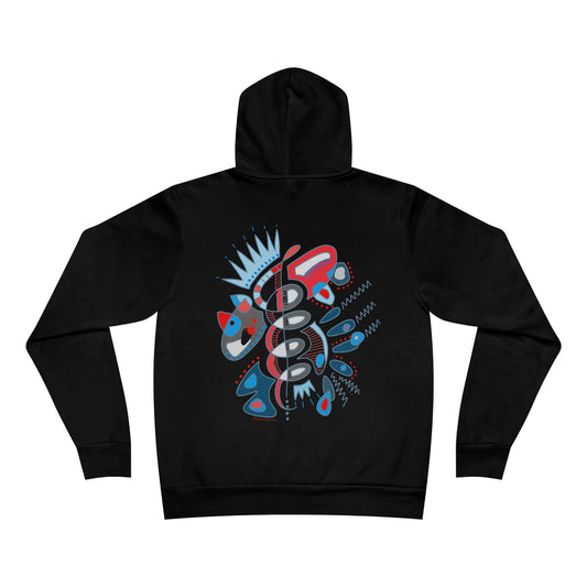 Flat lay of Heartbeat Spiral Hoodie in black, showcasing colorful symbolic print on the back