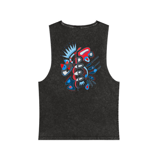 Back view of black stonewashed tank top featuring 'Heartbeat Spiral' graphic design by Semiotica.