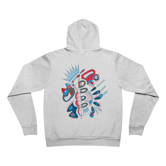 Back view of white hoodie with red and blue abstract spiral artwork — Heartbeat Spiral by Semiotica