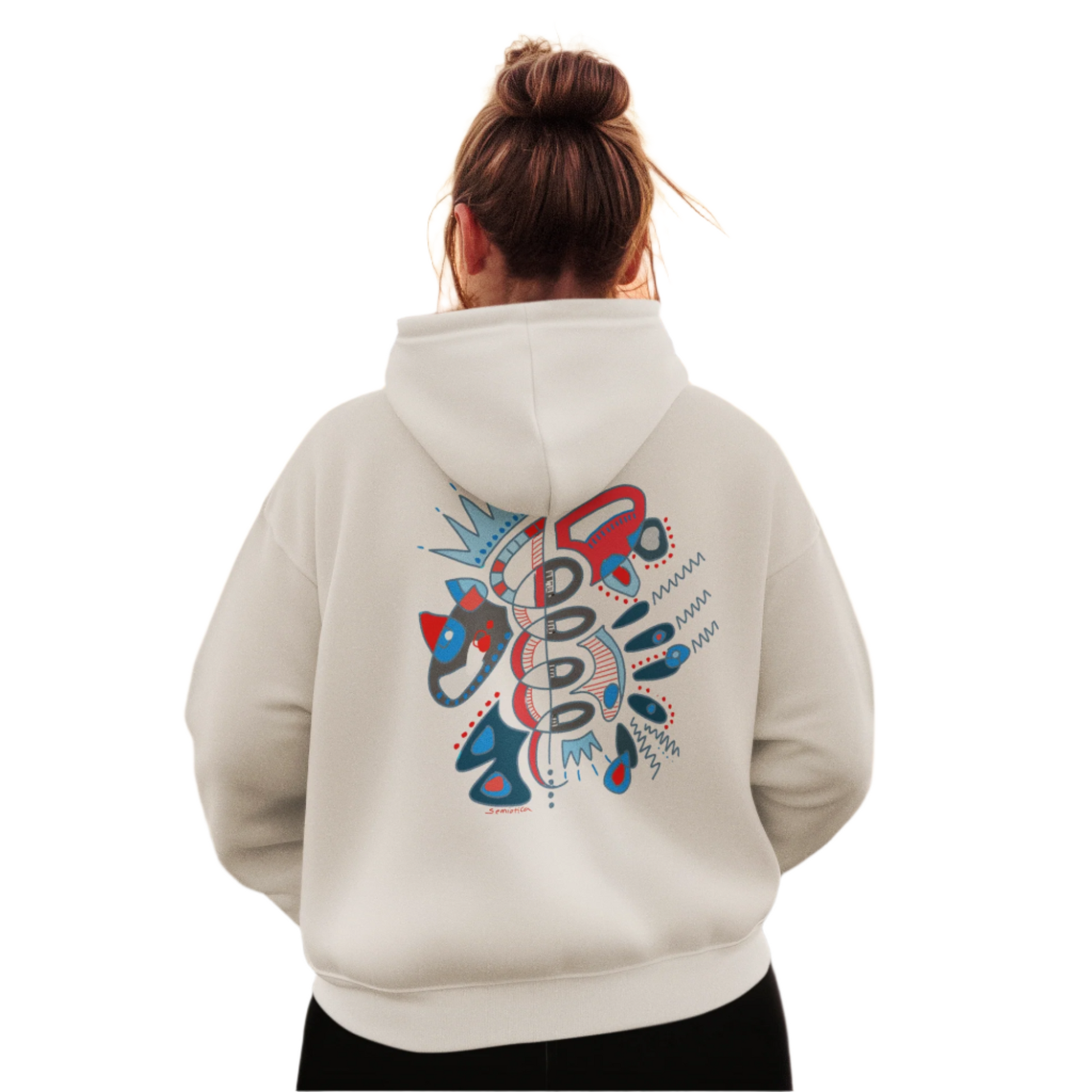 Female model showing back print of Heartbeat Spiral white hoodie by Semiotica