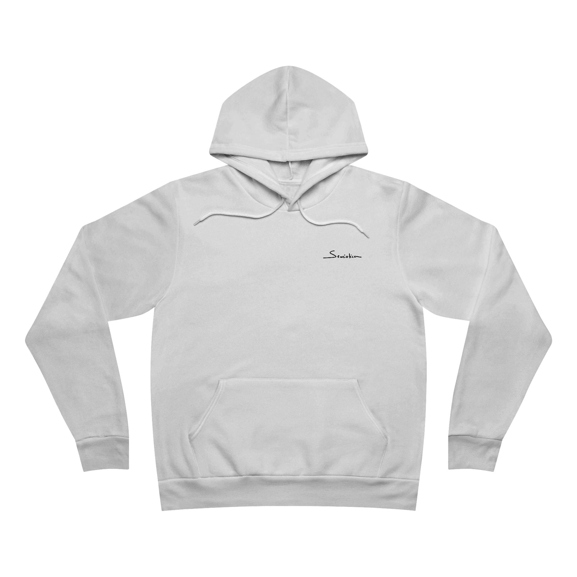 Front view of white unisex hoodie with minimalist Semiotica logo on chest