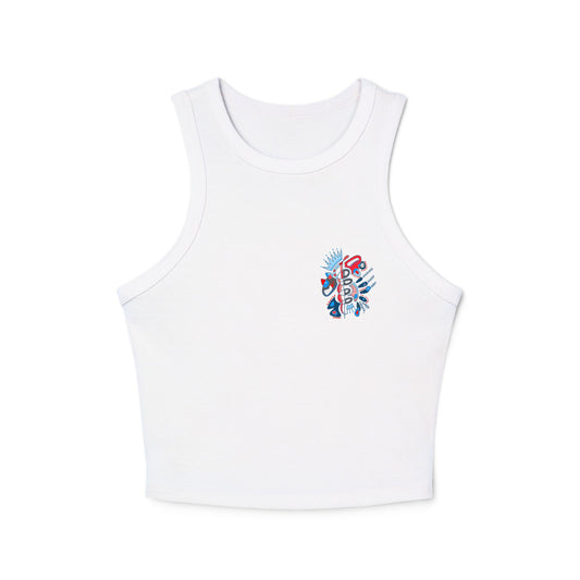 Flat front view of the white women's racer tank top with Heartbeat Spiral artwork by Semiotica