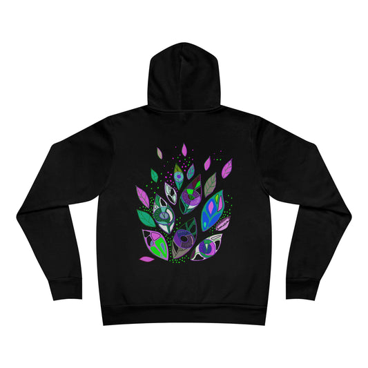 Back view of black hoodie with symbolic Seeds of Seeing design by Semiotica in vibrant colors.