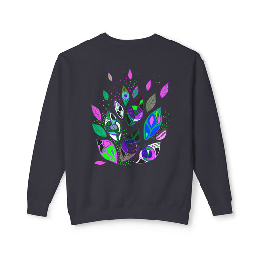 Back view of black unisex sweatshirt with colorful symbolic Seeds of Seeing design by Semiòtica.