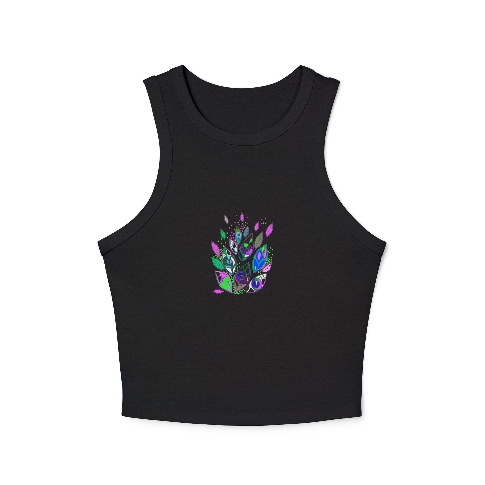 Front view of black racer tank top with symbolic Seeds of Seeing design by Semiòtica.