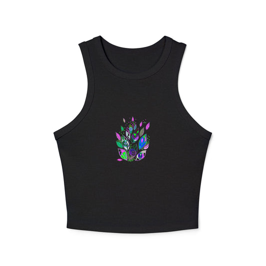 Front view of black racer tank top with symbolic Seeds of Seeing design by Semiòtica.