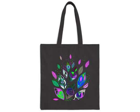 Front view of black tote bag with abstract symbolic design from the Seeds of Seeing collection by Semiòtica.