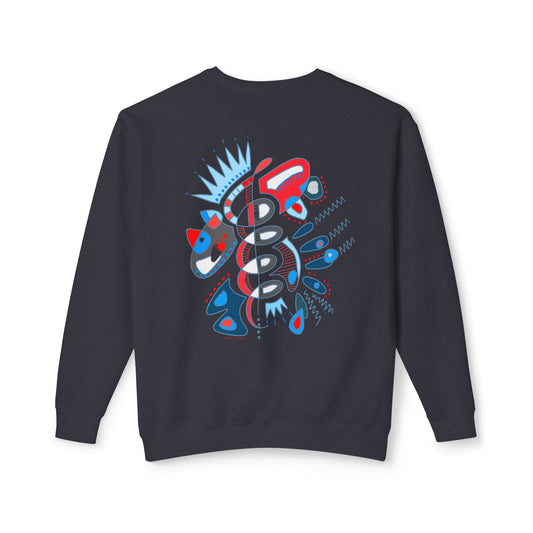 Back view of black sweatshirt with bold “Heartbeat Spiral” graphic by Semiotica.