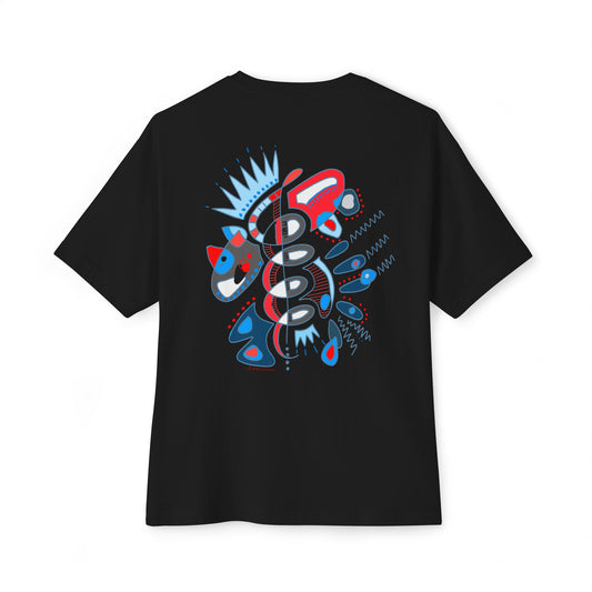 Unisex black t-shirt featuring symbolic 'Heartbeat Spiral' print on the back by Semiotica.
