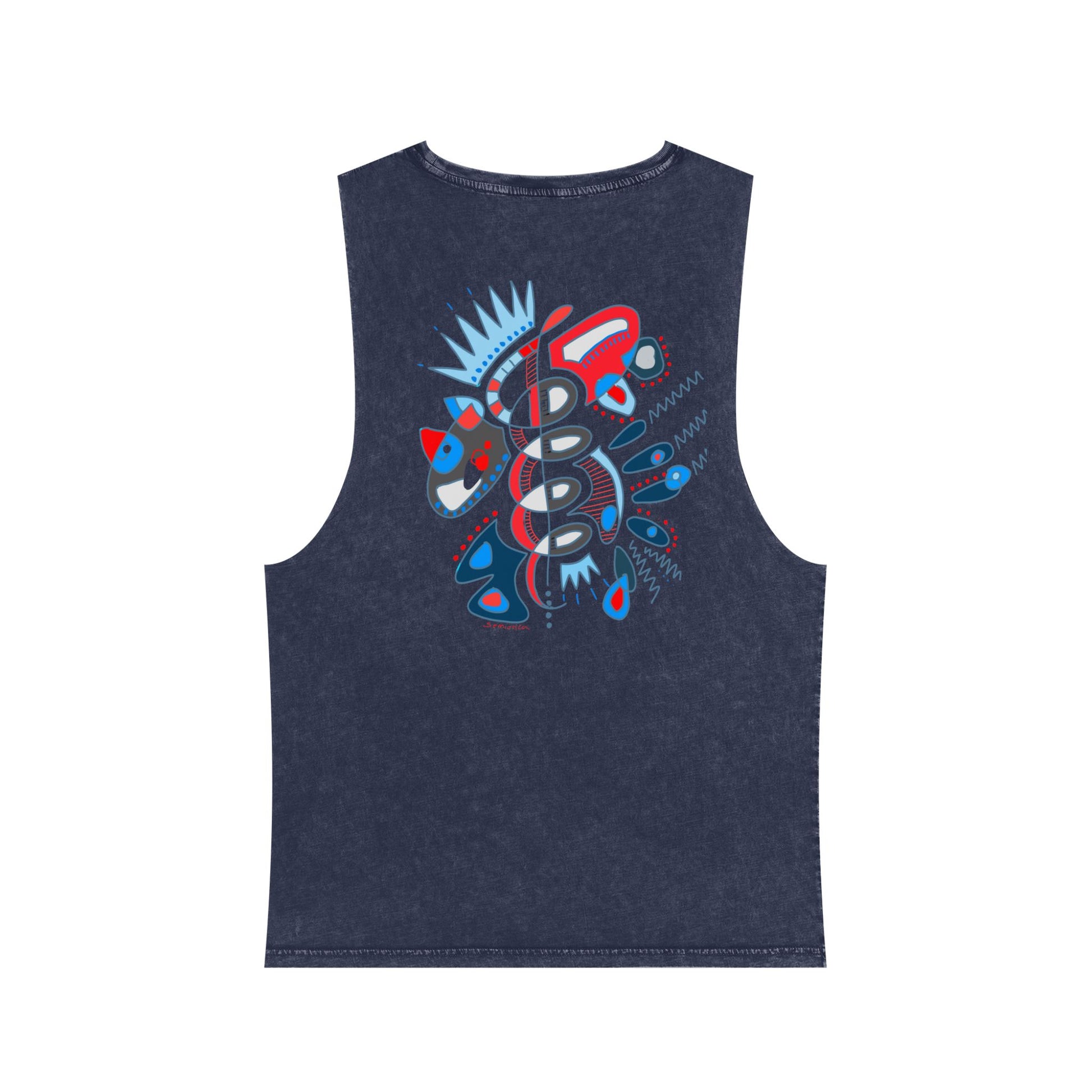 Back view of Heartbeat Spiral tank top by Semiotica in stonewash navy with symbolic spiral print