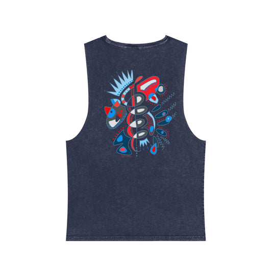 Back view of Heartbeat Spiral tank top by Semiotica in stonewash navy with symbolic spiral print