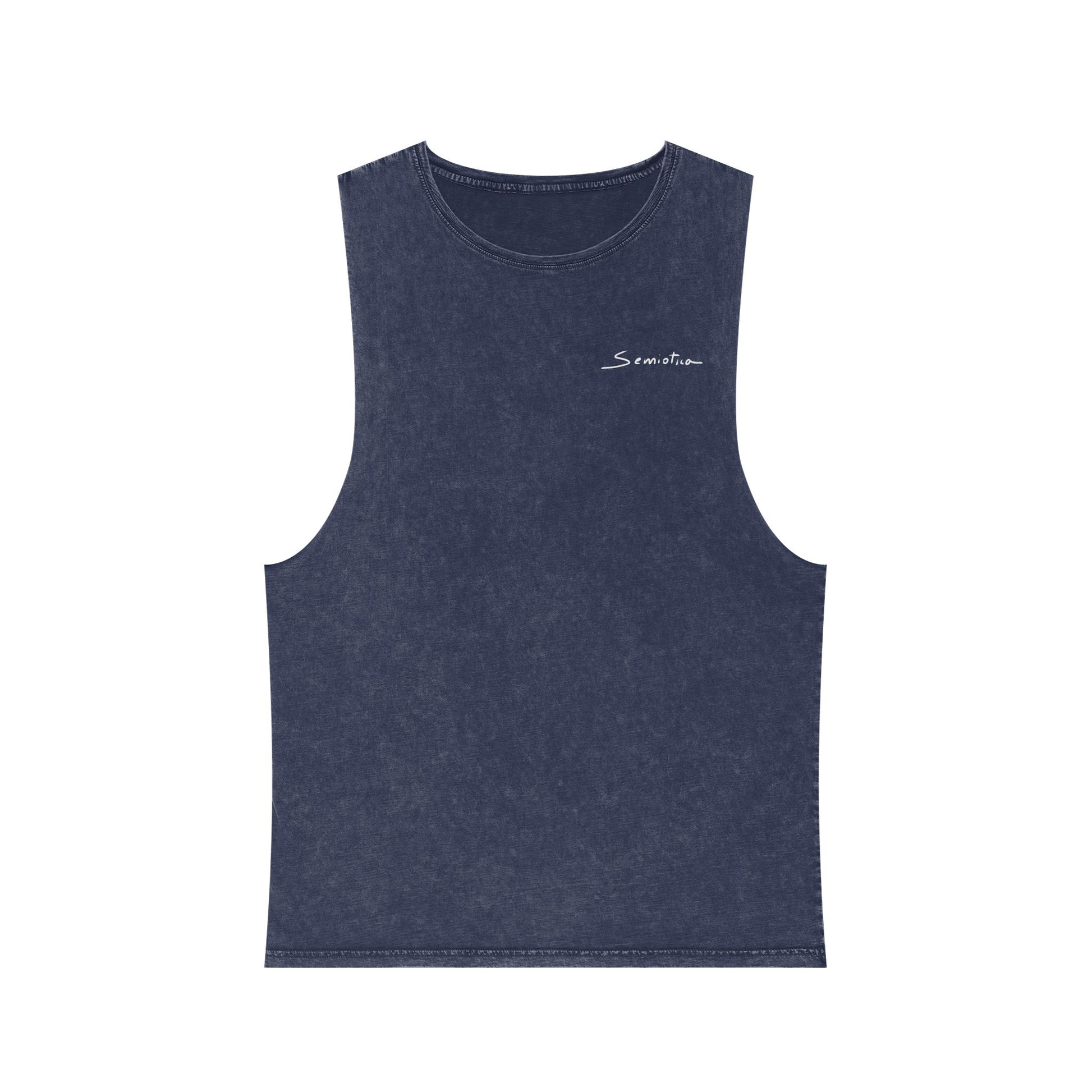 Front view of Heartbeat Spiral tank top by Semiotica in stonewash navy with small logo on chest