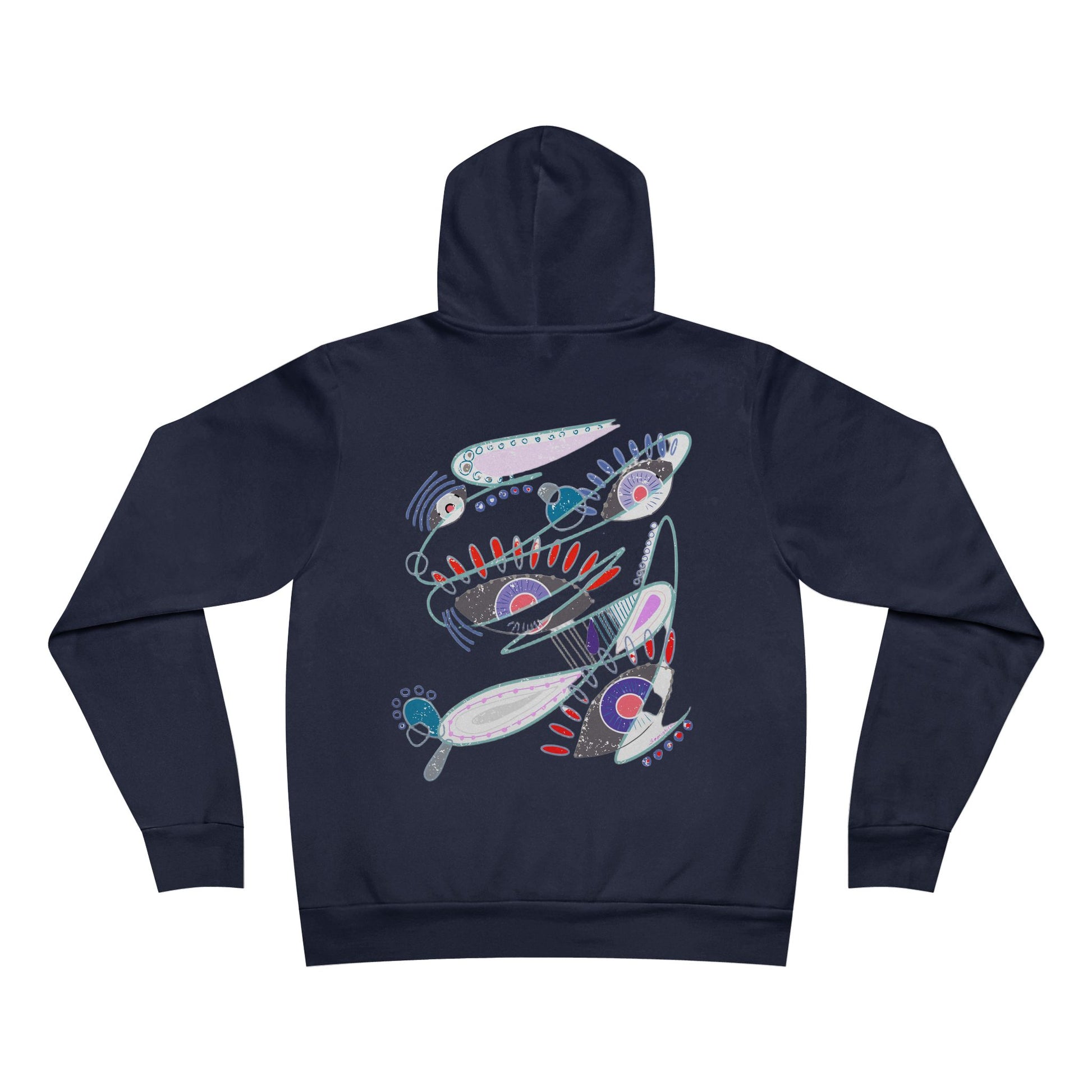 Back view of The Dance of Thought navy hoodie by Semiòtica featuring colorful abstract symbols.