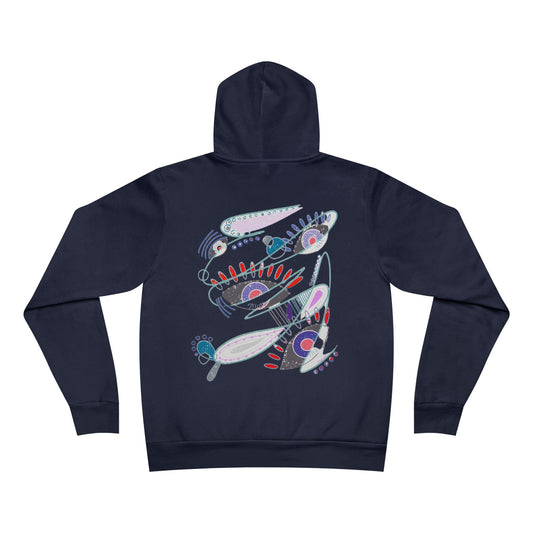 Back view of The Dance of Thought navy hoodie by Semiòtica featuring colorful abstract symbols.