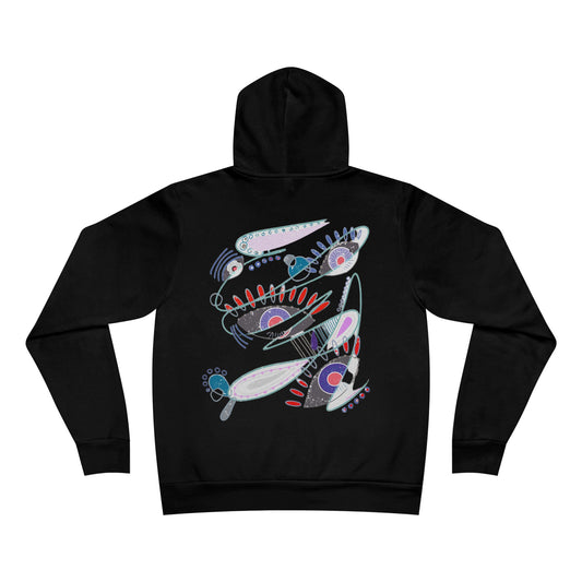 Back view of The Dance of Thought black hoodie by Semiòtica, featuring colorful abstract symbolic design.