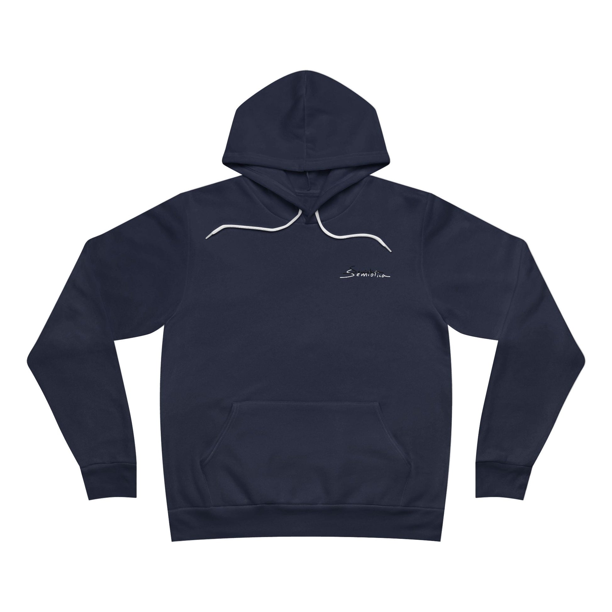 Front view of navy blue hoodie with minimalist Semiòtica logo on chest.